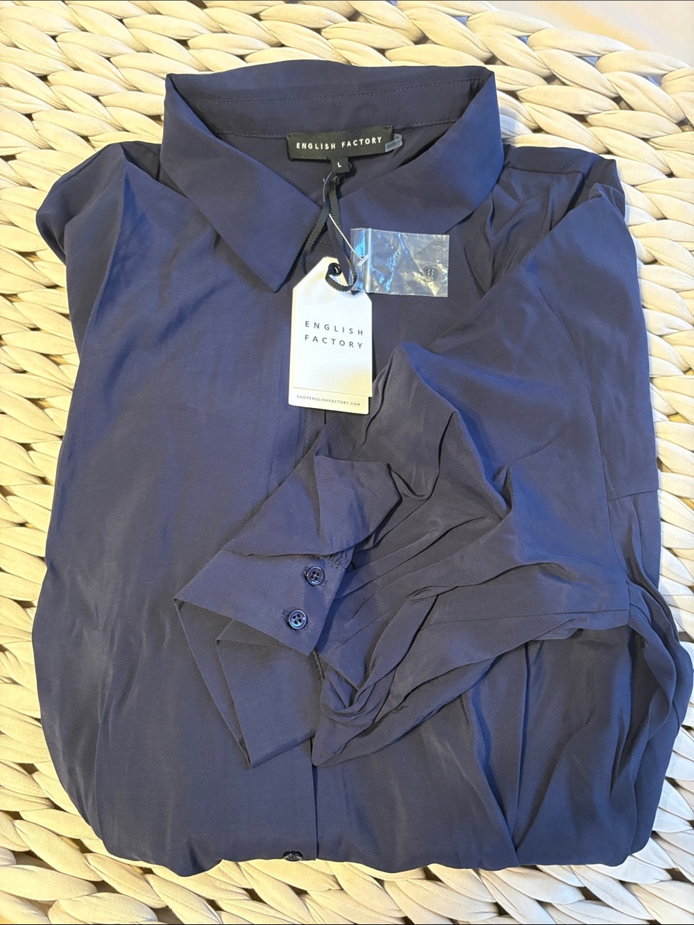 English Factory Navy Women’s Button-Down Balloon Sleeve Shirt BNWT